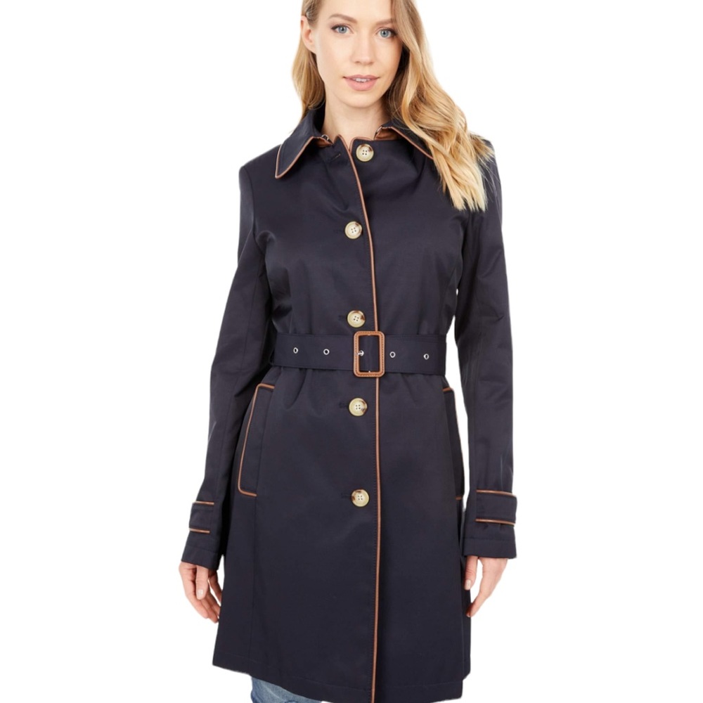 Lauren Ralph Lauren Trench Coat with Faux Leather Trim Navy 1X NWT - Picture 1 of 13